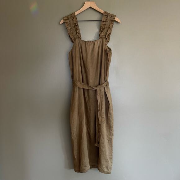 Frame Ruffle Strap Button Back Dress in Moss Size Small Khaki Green Ramie Chic - Picture 3 of 16